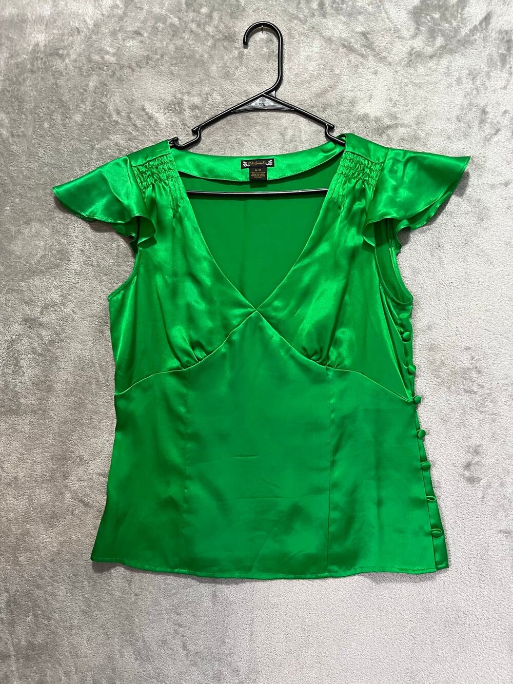 Vintage Y2k Polo Baby Doll Green 100% Silk Ruffle Sleeve Blouse Women’s Medium